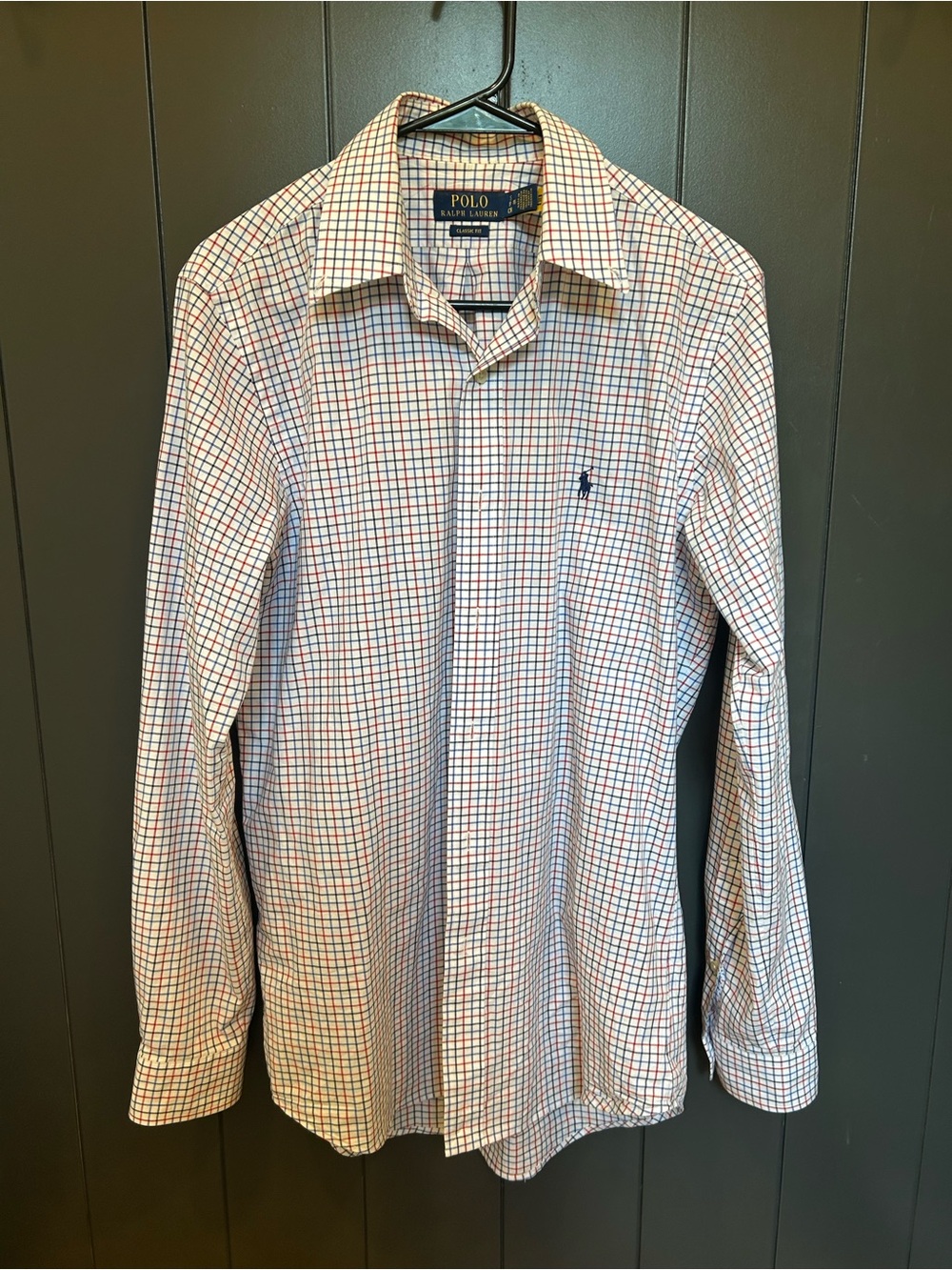 Ralph Lauren White Button-Down Dress Shirt with Blue and Red Check